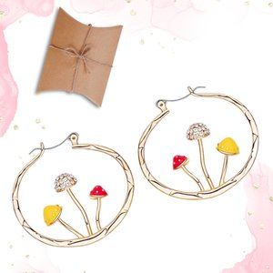 Mushroom Hoops Earrings Gold Circle dangle, Three Mushroom Hoops Colorful